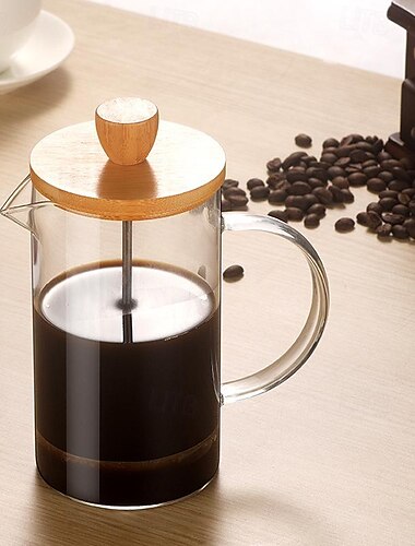  ماكينة صنع القهوة بالضغط الفرنسي مرشحات مزدوجة من الخيزران الفرنسي، ماكينة صنع القهوة بالضغط من زجاج البورسليكات السميك المقاوم للحرارة