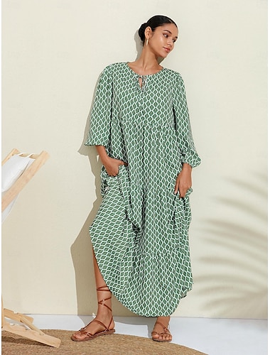  Femme Robe Trapèze Ourlet Maxi Robe Maxi Vert manche longue Géométrique Géométrique Printemps Col V Robe Motif Style de mode simple Vacances S M L