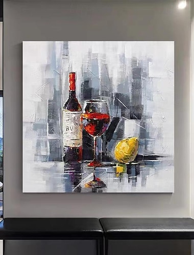  Copas y botellas de vino pintadas a mano, pintura al óleo sobre lienzo, arte de pared abstracto moderno para el hogar, bar, cafetería, decoración de cocina sin marco