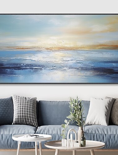  håndmalt abstrakt hav oljemaleri veggkunst strand sjølandskap lerret teksturert maleri veggkunst håndmalt blå himmel skyer maleri hjemmedekorasjon på lerret