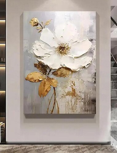  Handgemaltes großes Blumentexturgemälde, 3D-Texturgemälde, abstraktes Goldblumengemälde, originales goldenes Wandkunst-Blumengemälde für Wohnzimmer, Heimdekoration, gespannter Rahmen, fertig zum