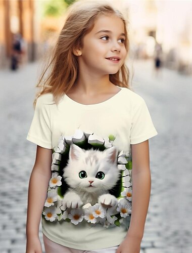  女の子 3D 猫 Tシャツ 半袖 3D プリント 夏 アクティブ ファッション かわいい ポリエステル 子供 3-12 歳 クルーネック アウトドア カジュアル デイリー レギュラーフィット