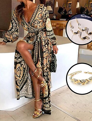 Damen Passende Sets abendkleider Casual kleid Schaukelkleid Wickelkleid Boho-Kleid Armbänder Ohrring Outfit 3St Böhmen Brautkleider schlicht Blumen Festtage Langarm Frühling Herbst Winter V Ausschnitt
