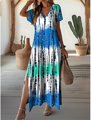  Damen Casual kleid Batik Gespleisst Bedruckt V Ausschnitt kleid lang Urlaub Kurzarm Sommer