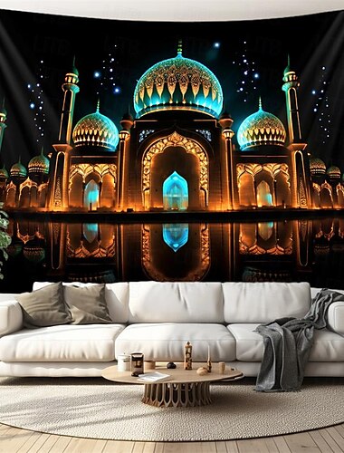  Tapiz colgante de noche de Ramadán, arte de pared, tapiz grande, decoración mural, fotografía, telón de fondo, manta, cortina, hogar, dormitorio, sala de estar