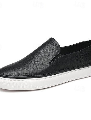  Tênis masculino slip-on de couro preto com sola branca acolchoada e design minimalista, mocassins casuais para trabalho, viagens e uso diário