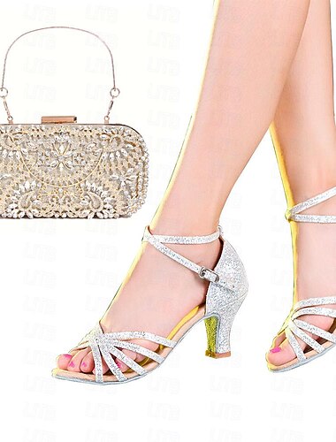  Damen Schuhe für den lateinamerikanischen Tanz Tanzschuhe Innen Professionell ChaCha Funkelnde Schuhe Absätze Glitzer Kubanischer Absatz Offene Spitze Schnalle Silber Gold