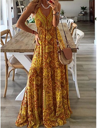  Dámské Dlouhé šaty Maxi šaty Volnočasové šaty Boho Chic šaty Čechy Geleneksel A Dovolená ulice Běžný Květinový Bez rukávů Ramínka Žlutá Světlá růžová Vodní modrá Fialová Léto