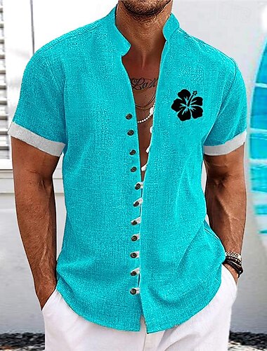  Herren Blumen Tropische Blumen Hawaiihemd Sommerhemd Aloha-Shirt Bedruckte Hemden Kurze Ärmel Hemd Stehkragen Hawaiianisch Resort Outdoor Urlaub Freizeitskleidung Blau Grün Hellblau S M L