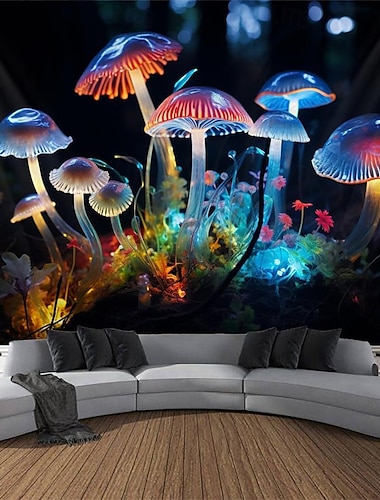  Tapisserie à lumière noire réactive aux UV qui brille dans le noir, fête, néon, cristal, champignons, psychédélique, trippant, brumeux, tapisserie suspendue, art mural pour le salon