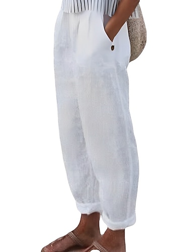  Mujer Pantalones de lino Chinos Mezcla Lino Algodón Plisado Holgado Media cintura Longitud total Blanco Verano