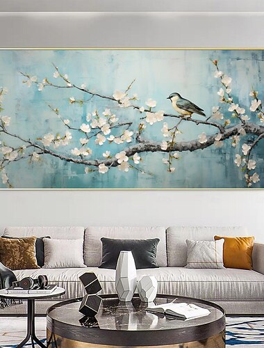  Pintura a óleo de flor de ameixa branca original feita à mão em tela, decoração de arte de parede, pintura de arte de pássaro para decoração de casa com moldura esticada/sem pintura de moldura interna