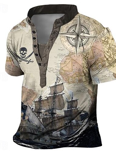 Homens Navio Pirata Caveiras Camisa Henley Impressão 3D Moda Casual Vintage retrô Férias Diário Para Noite Verão Azul Roxo cáqui Cinzento Henley Camiseta Henley   Homens Navio Pirata Caveiras Camisa Henley Impressão 3D Moda Casual Vintage retrô Férias Diário Para Noite Verão Azul Roxo cáqui Cinzento Henley Camiseta Henley