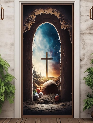  Couvre-porte Croix Décor mural Tapisserie de porte Décoration de rideau de porte Décor de fond Banner de porte Amovible pour porte d'entrée Intérieur Extérieur Décoration de maison Chambre Décor de