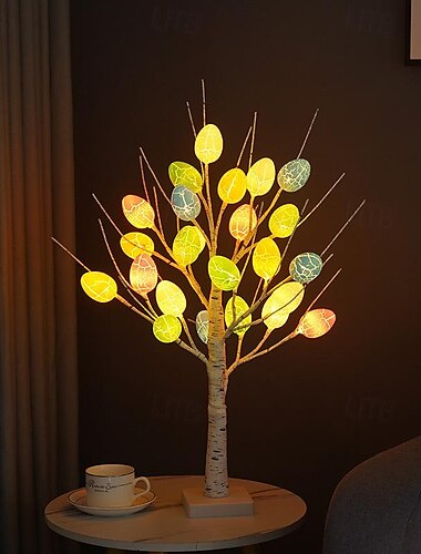  Decoraciones de Pascua Árbol de abedul blanco con 24 piezas de adornos de huevos de Pascua 24 luces LED blancas cálidas Árbol de huevos de Pascua Centro de mesa para primavera Hogar Boda Cumpleaños Interior