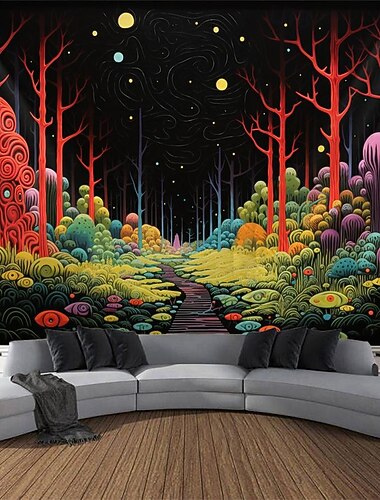  Tapisserie à lumière noire, réactive aux UV, lueur dans la forêt sombre, chemin trippant, paysage naturel brumeux, tapisserie murale à suspendre pour salon, chambre à coucher