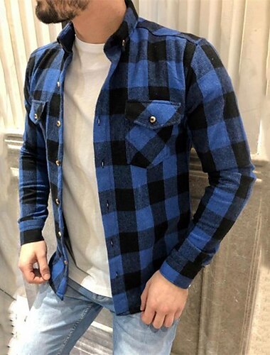  Férfi Alkalmi ing Gombos póló Overshirt Kockás ingek Rubin Sötétkék Bézs Hosszú ujj Kockás Hajtóka Vakáció Hawaii Zseb Ruházat Poliészter Divat Alkalmi Kényelmes