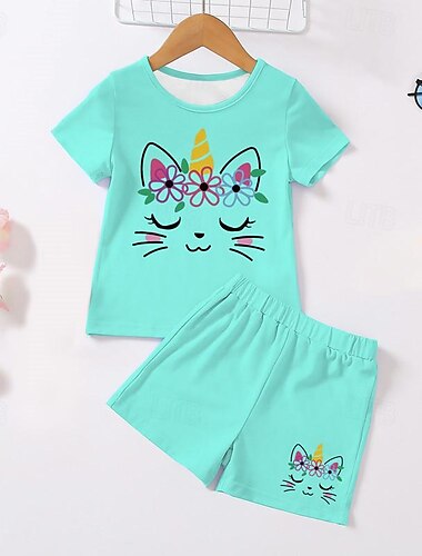  3D-Einhorn-T-Shirt für Mädchen & Shorts-Pyjama-Set, rosa, kurzärmelig, 3D-Druck, Sommer, aktiv, modisch, niedlich, Polyester, für Kinder von 3–12 Jahren, Rundhalsausschnitt, für Zuhause, Freizeit,