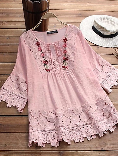  Shirt Boho Shirt Lace Shirt Blouse Women's White Pink Blue Floral Lace up Lace Street Daily Fashion Round Neck S