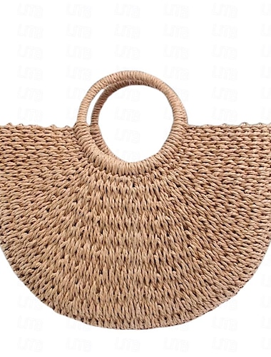  Grand sac de plage en paille tissé à la main pour femmes, fourre-tout à poignée ronde, fourre-tout rétro en rotin d'été