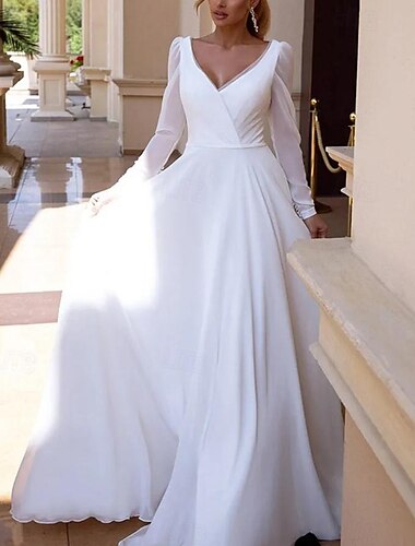  Brautkleider schlicht Hochzeitskleider A-Linie V Ausschnitt Langarm Boden-Länge Chiffon Brautkleider Mit Plissee Einheitliche Farbe 2024