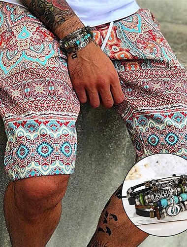  Herren Passende Sets Grün und Gelb Shorts Kurze Hosen Sommer-Shorts Strandshorts Kurze Hosen Sets Täglich Urlaub Böhmische Kordelzug Elastische Taille Polyester Sommer