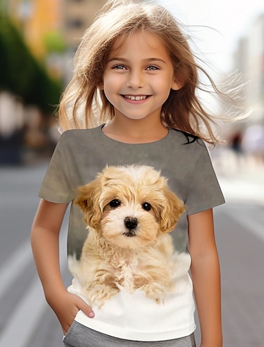  Jente 3D Hund T-skjorte Skjorte Kortermet 3D-utskrift Sommer Aktiv Mote søt stil Polyester Barn 3-12 år Crew-hals utendørs Avslappet Daglig Normal