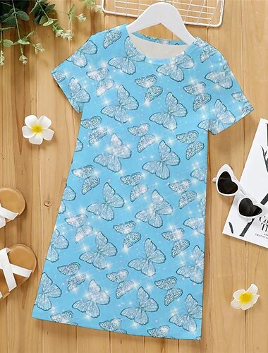  Mädchen 3D Schmetterling Pyjamas Nachthemd Rosa Kurzarm 3D-Druck Sommer Aktiv Modisch Kuschelig Polyester kinderkleidung 3-12 Jahre Rundhalsausschnitt Heim Normal Innen Regular Fit