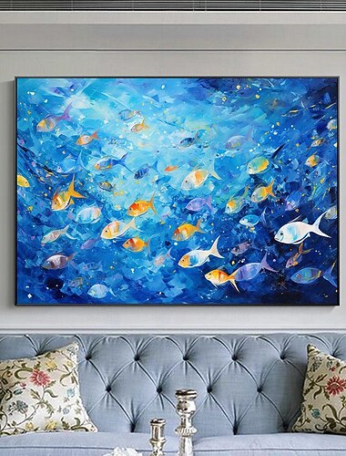  pintados à mão peixes de natação abstratos pintura a óleo sobre tela extra grande arte de parede artesanal pintura de arte azul oceano pintura personalizada arte minimalista para decoração de sala de