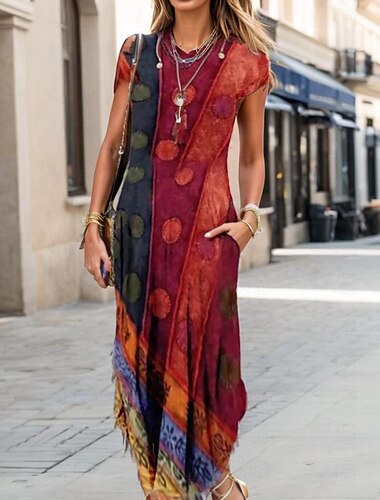  Robe Midi Femme Robe Décontractée Robe Shift Robe Imprimé Floral Col Rond Maxi Robe Longue Vintage Décontractée Quotidien Vacances Manches Courtes Été Printemps