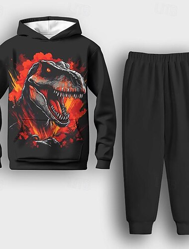  Chlapecké 3D Dinosaurus Sada mikiny a tepláků Dlouhý rukáv 3D tisk Jaro Podzim Aktivní Módní Chladný Děti 3-12 let Kapuce Venkovní Dovolená ulice Běžný