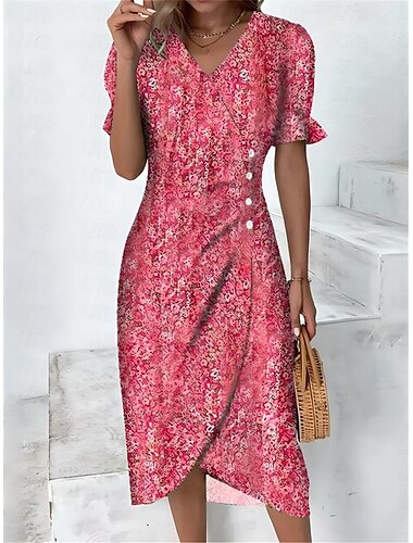  Wickelkleid für Damen, Blumenmuster, Blumenmuster, Knopfdruck, V-Ausschnitt, Midikleid, klassisch, für den Alltag, Urlaub, kurze Ärmel, Sommer, Frühling