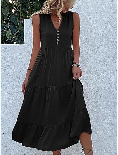  Damen Casual kleid Midikleid Baumwolle Rüsche Taste Basic V Ausschnitt Ärmellos Schwarz Rosa Grün Farbe