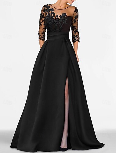  A-Linie Abendkleid Elegantes Kleid Hochzeitsgast Bodenlang 3/4-Länge Ärmel Juwel-Ausschnitt Satin mit Perlenapplikationen 2025