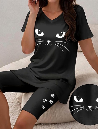  Mujer Camiseta Conjuntos de pantalones cortos Gato Casual Diario Estampado Negro Manga Corta Moda Escote en Pico Verano