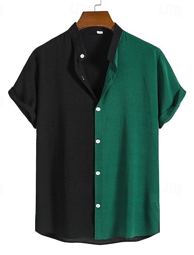  男性用 ボタンアップシャツ カジュアルシャツ サマーシャツ ボーリングシャツ レッド グリーン カーキ色 半袖 カラーブロック ボランダウン ハワイアン 祝日 パッチワーク 衣類 ファッション カジュアル 快適