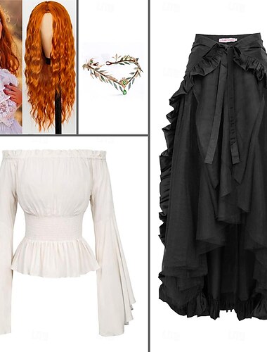  Retro Vintage Medieval Renascentista Saia Blusa / Camisa Traje Cosplay Pirata Viking Elfo Com Babados Barra Assimétrica Tecido Mulheres Celta Fantasia Baile de Máscaras Festa / Eventos Adulto Saias