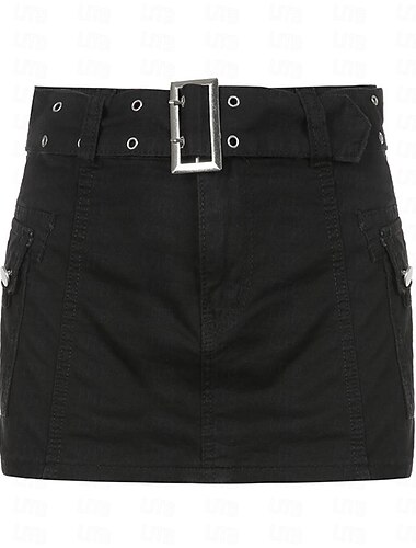  Mujer Falda falda cargo Mini Alta cintura Faldas Bolsillo Color sólido Calle Noche Verano Mezclilla Moda Casual Negro Blanco Caqui