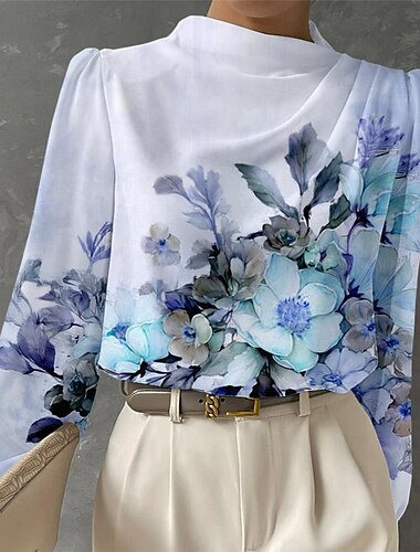  ウィメンズブラウス 長袖 ファッション フローラル プリント レギュラートップス クルーネック ワーク ホワイト ピンク ブルー グリーン 春＆秋