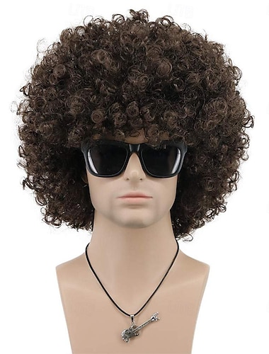  Adult Unisex 60s 70s 80s Short Golden Curly Afro Synthetic Disco Rocker Hippies Hair California Halloween Cosplay Anime Costume Wig