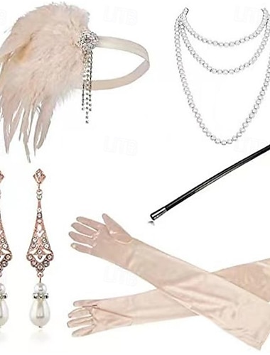  Vintage 1920s Der große Gatsby Flapper Stirnband Zubehör-Set Halskette Ohrring Charleston Damen Feder Maskerade Festival Handschuhe