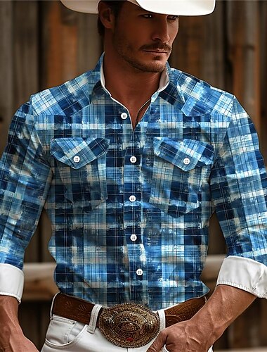  Hombre Ajedrez camisa occidental Camisa vaquera Manga Larga Vintage estilo occidental Ropa Cotidiana Noche Fin de semana Primavera verano Cuello Vuelto Bolsillo Estampado Abotonar Rosa Azul Piscina