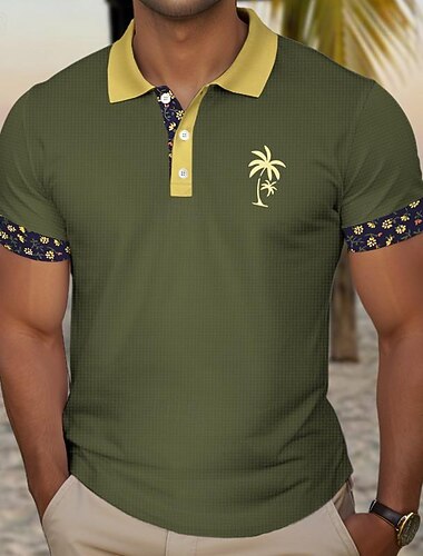  كنتاكي ديربي رجالي منقوش شجرة النخيل محكم قميص الجولف كم قصير قمصان البولو قميص بياقة كاجوال ملابس الشاطئ ملابس العطلة ملابس استوائية ملابس الحفلات طباعة ثلاثية الأبعاد Buttons الصيف