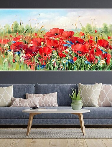  Pintura al óleo pintada a mano, pintura de campo de amapola, obra de arte, flores silvestres hechas a mano, pintura al óleo, paisaje, amapolas rojas, pintura al óleo para sala de estar, dormitorio,