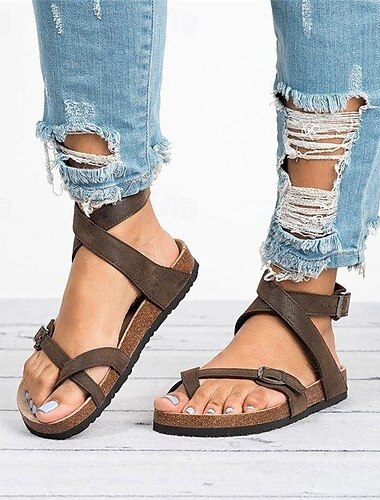  sandales plates à lanières marron pour femmes – semelle en liège confortable avec boucle réglable, chaussures de plage d'été décontractées