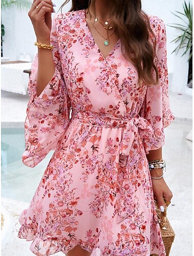  dames casual jurk bloemen kant print v hals mini jurk boho vakantie 3/4 lengte mouw zomer