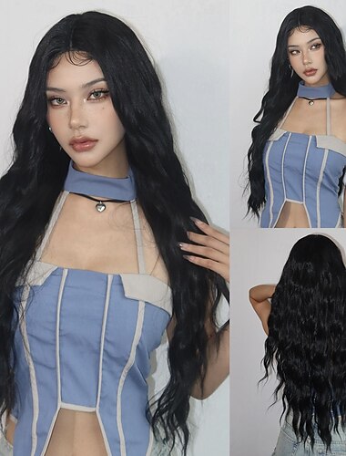  Synthetic Lace Wig Curly Style 26 inch Natural Black Middle Part 13x4x1 T Part Lace Front Wig Women's Wig Black