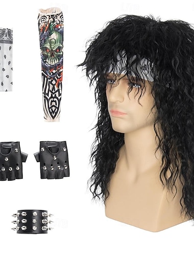  Peluca de salmonete de los años 80 para hombre, peluca rizada negra, peluca punk rocker, pelo de cosplay para fiesta con accesorios