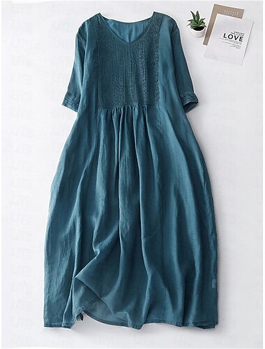  Dames Halflange jurk Imitatie katoenlinnen Hemdjurk Casual jurk Basic Klassiek Casual Dagelijks Buiten Vakantie Ruim Passend Effen Halve mouw V-hals Wit Marineblauw Paars Groen Herfst