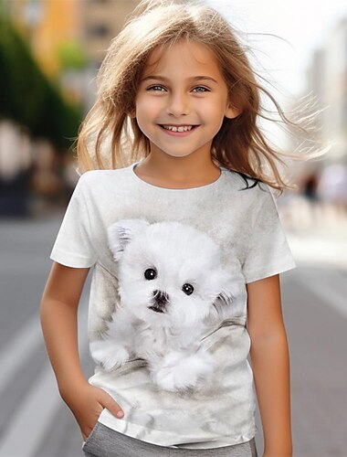  Flickor 3D Hund T-shirt Skjortor Kortärmad 3D-tryck Sommar Aktiv Mode söt stil Barn 3-12 år Rund hals Utomhus Ledigt Dagligen Normal